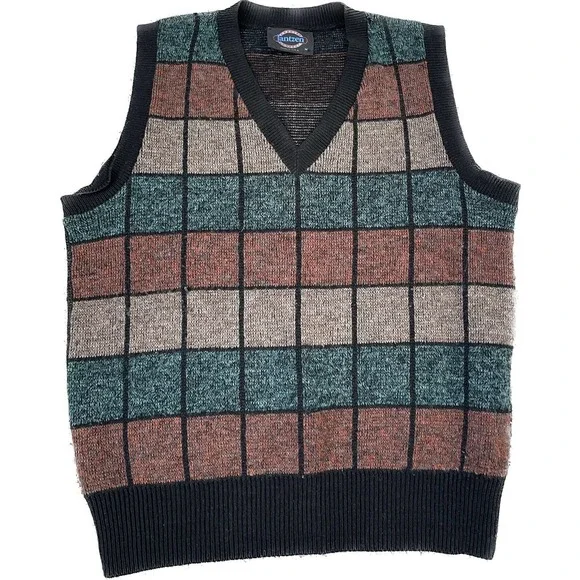 Vintage Jantzen Wool Acrylic Check USA Medium Vneck Sweater Vest VTG - Picture 1 of 6